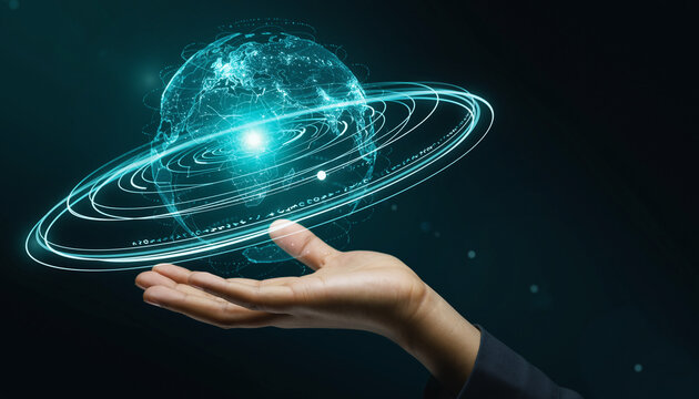 Hand holding a glowing blue digital globe with orbiting rings representing global technology and connectivity. - Powered by Adobe