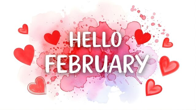 Hello February Greeting with Red Hearts and Watercolor Splashes on White Background