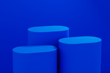 Three blue shapes on a blue background in simple design