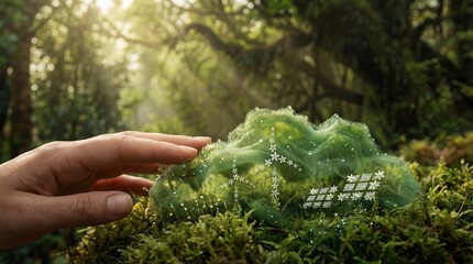 Hand nurturing green technology in forest with glowing eco-friendly interface