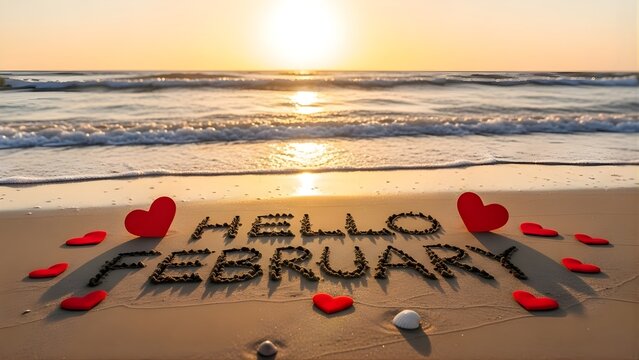 "Hello February" written in sand with red hearts on a beautiful beach at sunset.