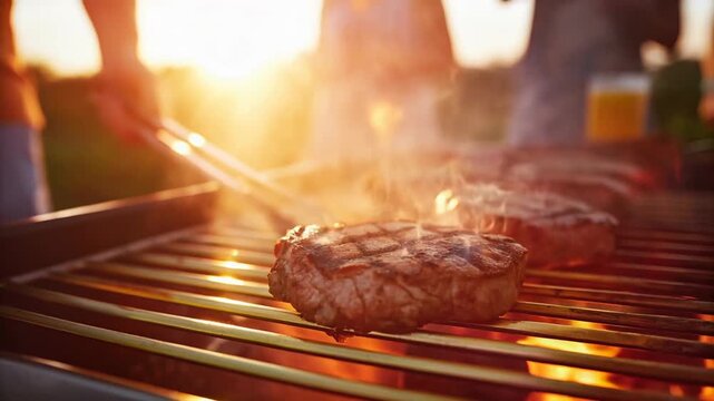 Meat grilling over open fire at barbecue concept. Juicy steaks sizzling on a grill with vibrant flames and a warm sunset backdrop.