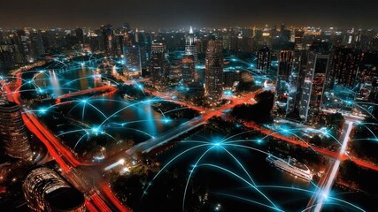 Nightscape of Connectivity: A vibrant cityscape pulses with digital energy. Illuminated buildings are connected by a network of glowing lines, suggesting a seamless web of communication. - Powered by Adobe