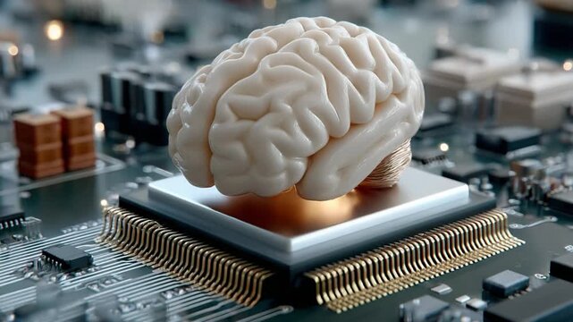 Brain on a Circuit Board: An intriguing visual of a human brain resting on a complex circuit board, symbolizing the convergence of intelligence and technology.