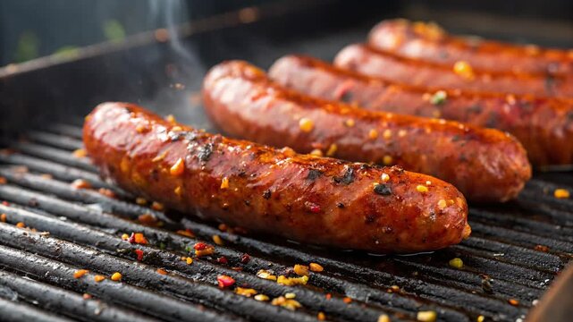 Meat grilling over open fire at barbecue concept. Juicy sausages sizzling on a grill, enhanced by spices and smoke.