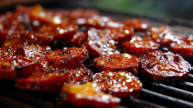 Meat grilling over open fire at barbecue concept. Juicy slices of meat sizzling on a grill, coated in a rich glaze.