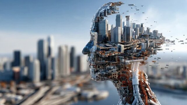 Cityscape Mind: A striking conceptual depiction of a human head morphing into a sprawling cityscape. Explore the nexus of human intellect and urban evolution.