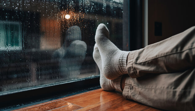 Persons feet in socks resting on a wooden window sill looking out at a rainy evening street scene with blurred lights.