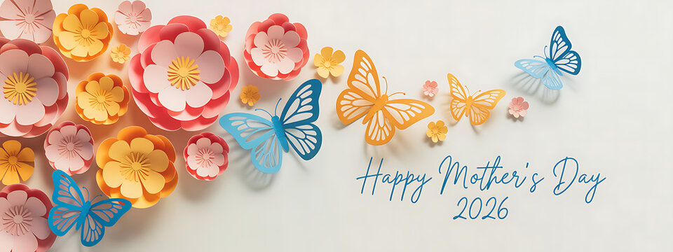 Colorful Paper Flowers and Butterflies Happy Mothers Day 2026
