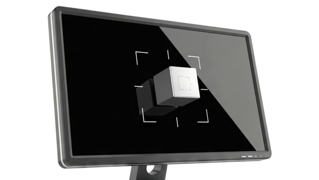 Monitor displaying 3D cubes with crosshairs - Powered by Adobe