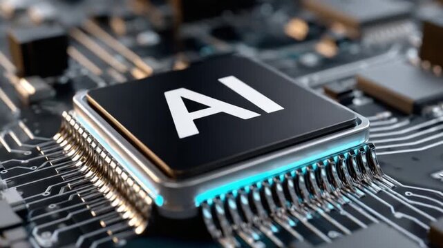 AI Chip: A close-up view of an AI chip embedded on a circuit board, representing the core of artificial intelligence.
