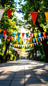 Sunlit walkway with colorful triangular bunting flags hanging between trees, paving stone perspective creates depth and cheerful sunny atmosphere