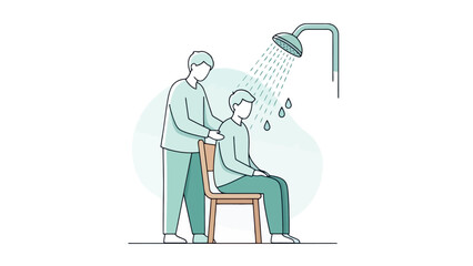 A caregiver assists an elderly person with a shower while they are seated on a chair, promoting comfort and safety.
