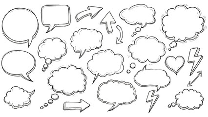 Fototapeta premium A collection of hand-drawn speech bubbles, thought clouds, arrows, and lightning bolts in a doodle art style.