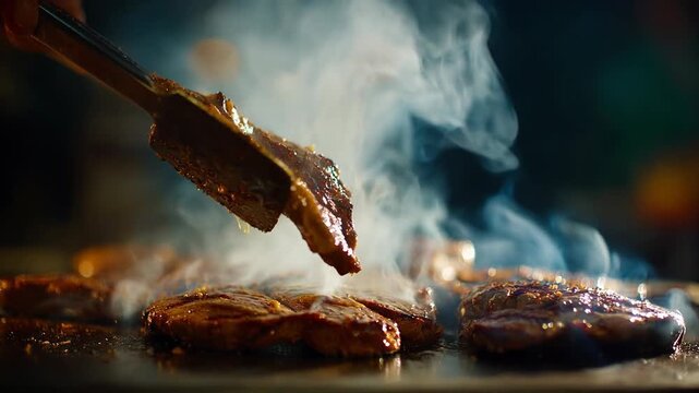 Meat grilling over open fire at barbecue concept. Juicy steaks sizzling and smoky steam rising, creating a mouthwatering atmosphere.