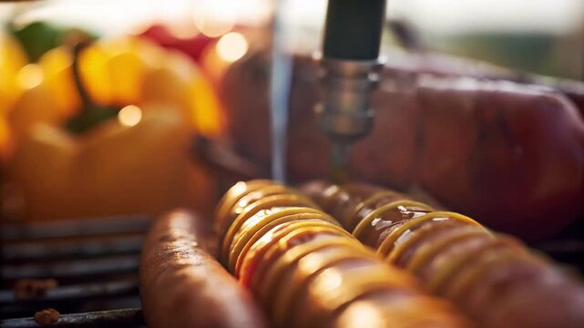 Meat grilling over open fire at barbecue concept. Juicy sausages being prepared with vibrant peppers in the background.
