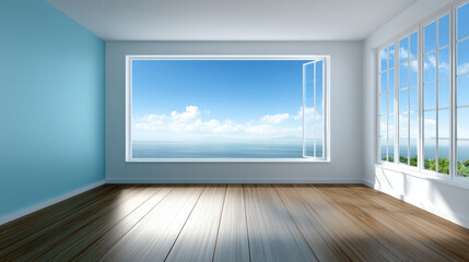 Fototapeta premium An airy and bright room with wooden floors features a large window showcasing the beautiful blue sky and ocean view, bing a sense of calm and relaxation.