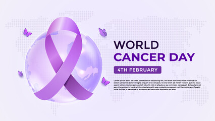 Fototapeta premium World Cancer Day Global Awareness Campaign With Purple Ribbon On The World Map