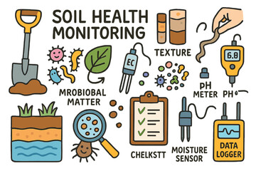 Soil Health Doodle. Soil health monitoring. Colorful Hand-drawn doodle Children illustration Soil health monitoring spade, soil cores, texture ribbon, pH