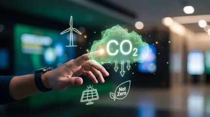 Person interacting with eco-friendly technology interface for net zero emissions