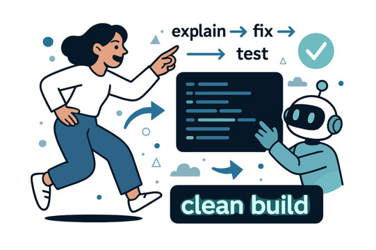 Code Helper Success. AI Assistants ? Code Helper. The bot highlights a neat code block while a green check appears; arrows label ?explain > fix > test?.