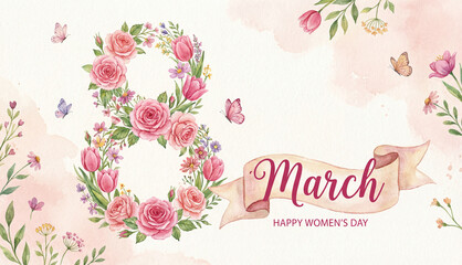 Beautiful Floral Arrangement in the Shape of Number 8 Celebrating International Women's Day with a March Ribbon