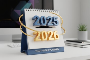 A modern desk calendar displaying the transition from twenty twenty-five to twenty twenty-six with a year ahead planned slogan on its base