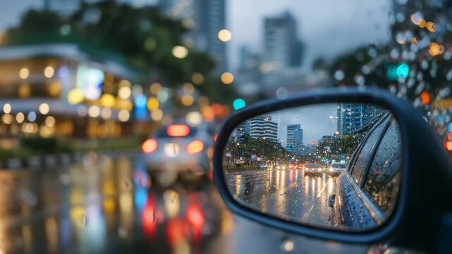 Cinematic rainy city street in car mirror, moody dusk light, wet asphalt reflecting red stoplight, blurred urban traffic and neon glow, reflective and atmospheric scene