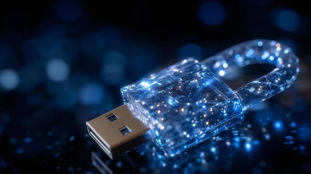 Close-up digital security composition, locked padlock and USB drive, blue light highlighting contours, abstract dark background, emphasizing safe storage of sensitive data