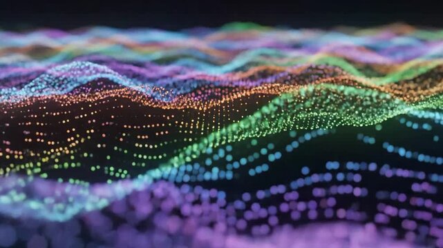 Abstract colorful wave pattern created with glowing dots on a dark background.