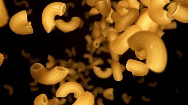 Super slow motion dry macaroni pasta . Filmed on a high-speed camera at 1000 fps. High quality FullHD footage