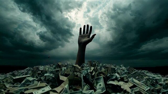 Human Hand Emerging from Massive Pile of Scattered Dollar Bills Reaching Upward Under Stormy Dark Clouds