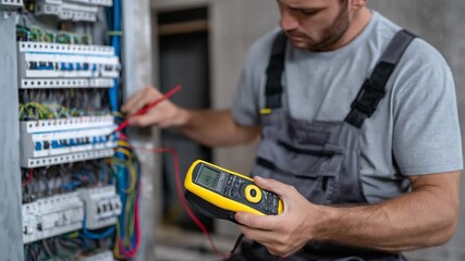 Close-up of electrician performing electrical installation, multimeter in hand, colored wires feeding into fuse switch box, professional lighting emphasizing precision work