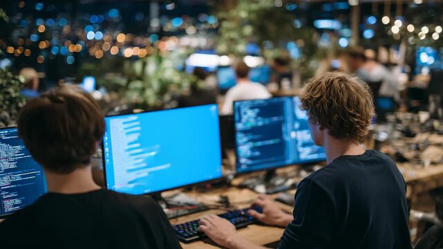 Close-up of game developers coding, cozy office environment with warm natural and artificial light, computer monitors displaying game assets, teamwork and creativity emphasized