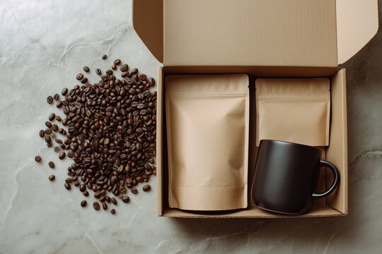 Modern Coffee Subscription Box Mockup with Black Mug and Bags
