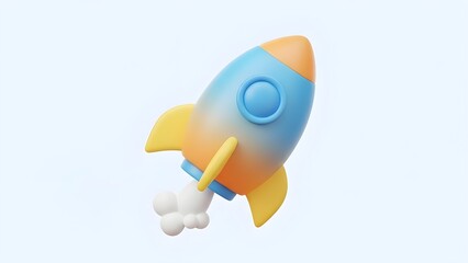 Cute 3D style rocket illustration with pastel blue and yellow colors, minimalist and modern design that symbolizes creativity, innovation and the spirit of exploration.