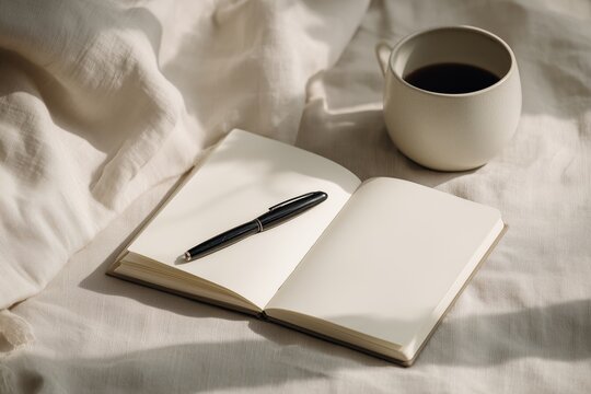 Aesthetic Journal Mockup on Linen with Mug and Pen
