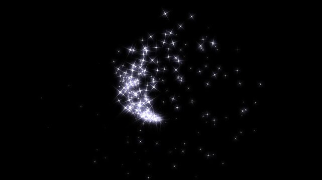 Glitter particles streaming on black screen background motion graphic effects, twinkle magic dust animation, Luxury white glitter sparkles star trail, magic dust, pixie dust path. 4k animation