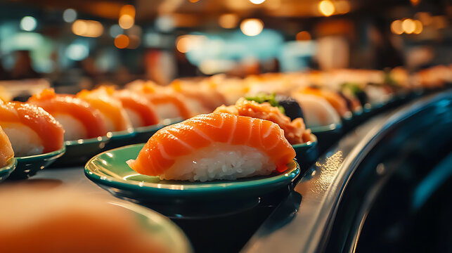 Close-up of salmon nigiri on a green plate moving on a conveyor belt in a busy sushi restaurant with blurred bokeh background.

