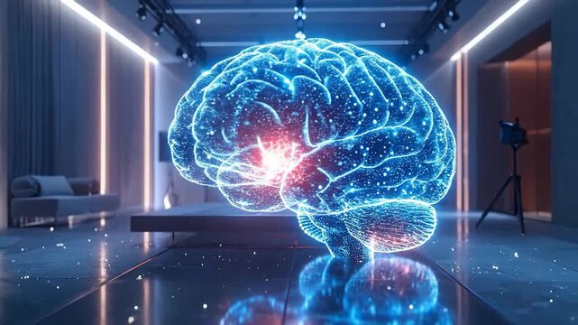 Digital brain model with glowing neural network connections in a modern room.
