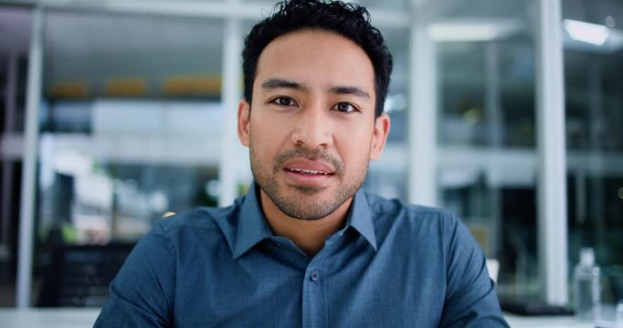 Office, pov and face of business man for video conference, virtual meeting and webinar. Professional, portrait and person listening in online workshop for seminar, presentation and career development
