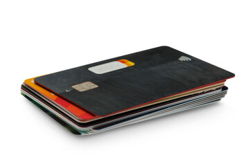 Stack of plastic bank cards isolated on transparent background