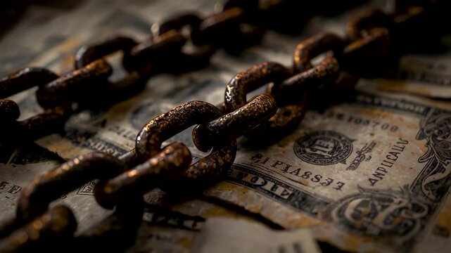 Rusty Heavy Metal Chains Draped Across Pile of Worn US Dollar Bills in Dramatic Low Light
