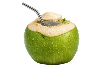 Fresh green young coconut drink with metal straw, refreshing tropical beverage, hydrating on a transparent background