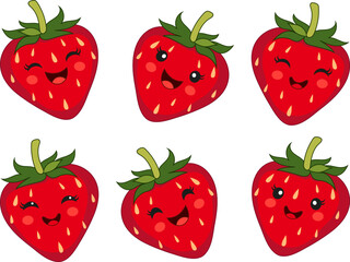 Vector set of cute strawberries with emotions, I year with facial expressions