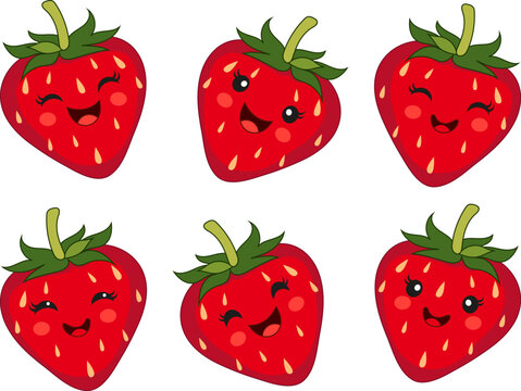Vector set of cute strawberries with emotions, I year with facial expressions