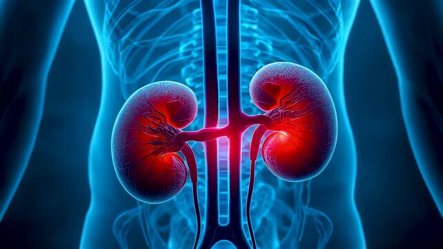 Glowing Blue Human Torso Showing Detailed Red Kidneys Adrenal Glands and Spinal Column in Anatomical View