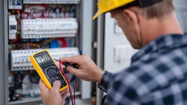 Detailed close-up of fuse switch box installation, electrician&rsquo;s hands connecting wires, multimeter probes touching terminals, crisp focus on electrical components and safety equip