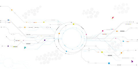 Vector futuristic technology background with white circle circuit wires on light colorful motherboard., Vector motherboard or circuit board on white background. 