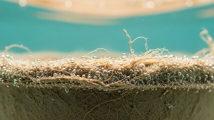hydroponic plant roots submerged underwater with active oxygen bubbles on fibrous substrate illustrating efficient plant growth and scientific research